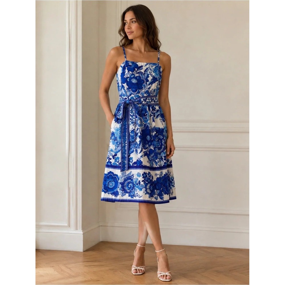 Joie Size 10 Lesse Border Print A-Line Sundress Blue White Floral Belted Pockets